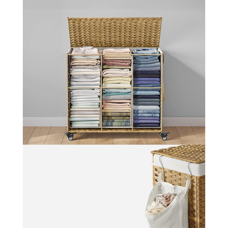 Rullbar klesvasksorterer 160 L – 3 rom, natur, 70 × 36 × 66 cm