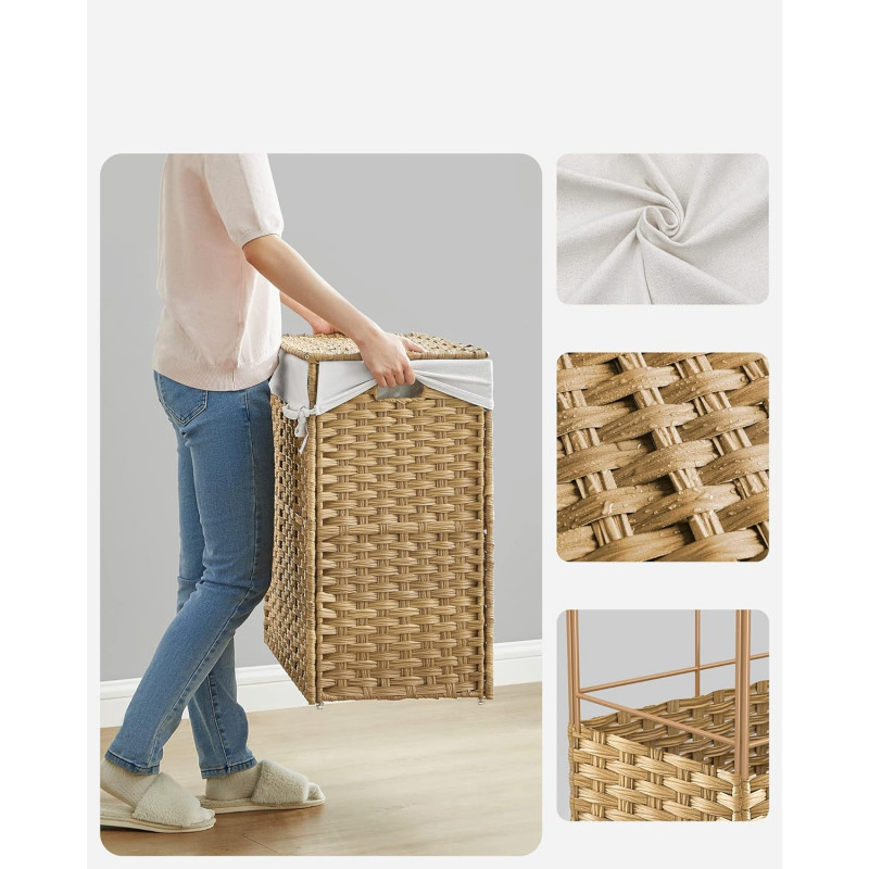 Rullbar klesvasksorterer 160 L – 3 rom, natur, 70 × 36 × 66 cm