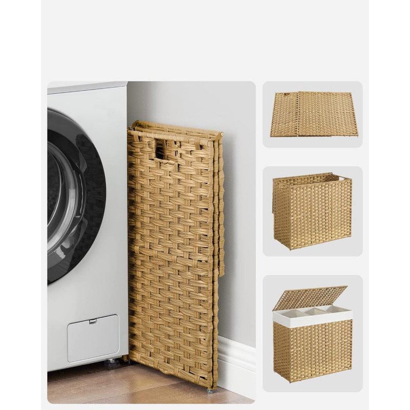 Rullbar klesvasksorterer 160 L – 3 rom, natur, 70 × 36 × 66 cm