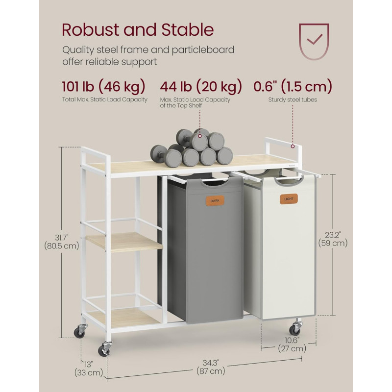 Rullende skittentøysvogn med hyller – 2 kurver, 100 liter, grå
