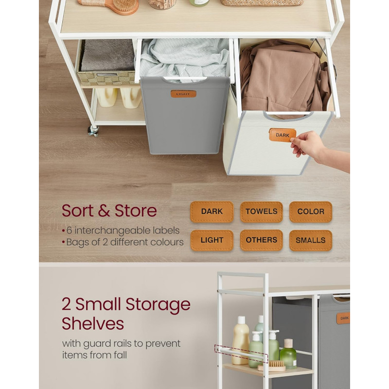 Rullende skittentøysvogn med hyller – 2 kurver, 100 liter, grå