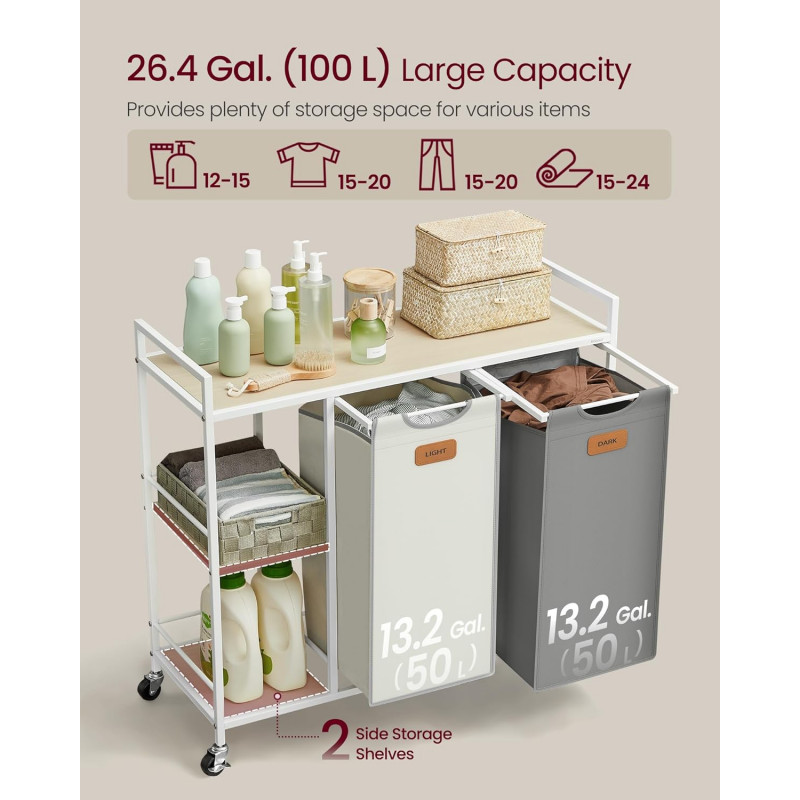 Rullende skittentøysvogn med hyller – 2 kurver, 100 liter, grå