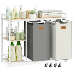 Rullende skittentøysvogn med hyller – 2 kurver, 100 liter, grå