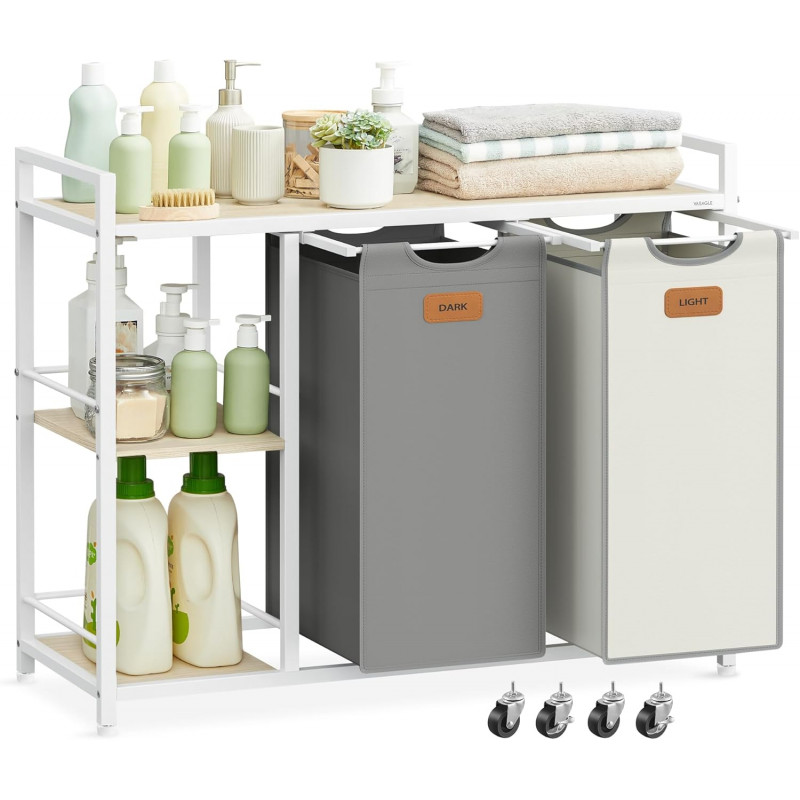 Rullende skittentøysvogn med hyller – 2 kurver, 100 liter, grå