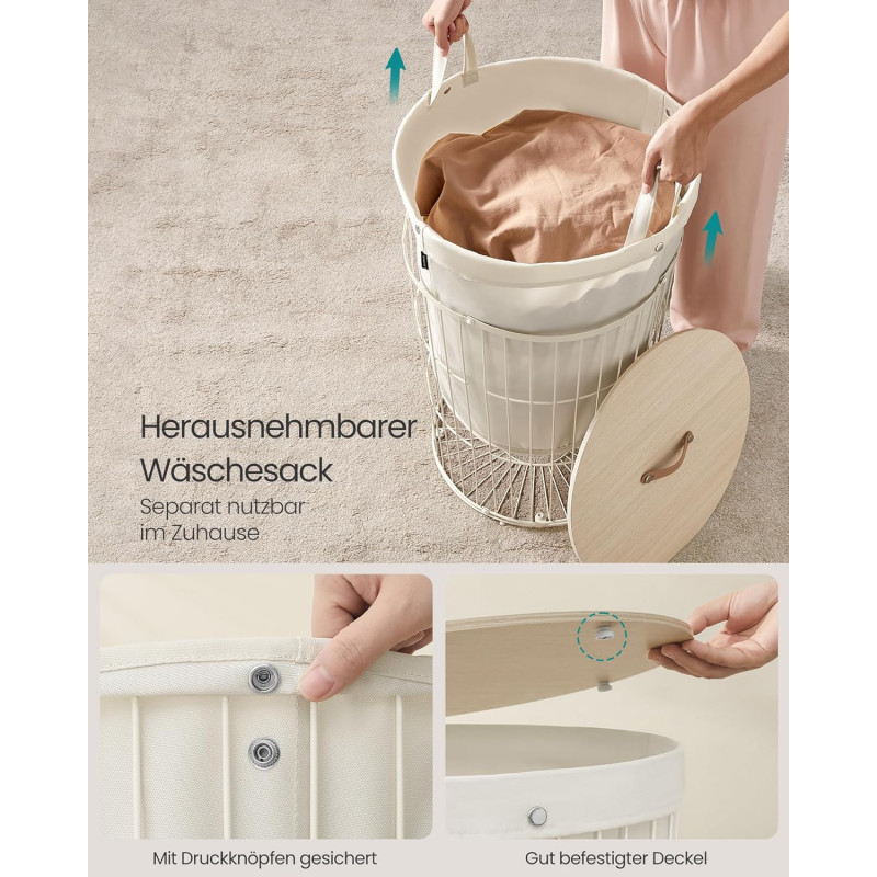 Rund skittentøyskurv 95 liter med lokk – kremhvit