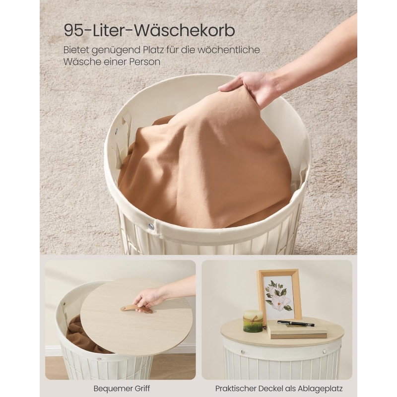 Rund skittentøyskurv 95 liter med lokk – kremhvit