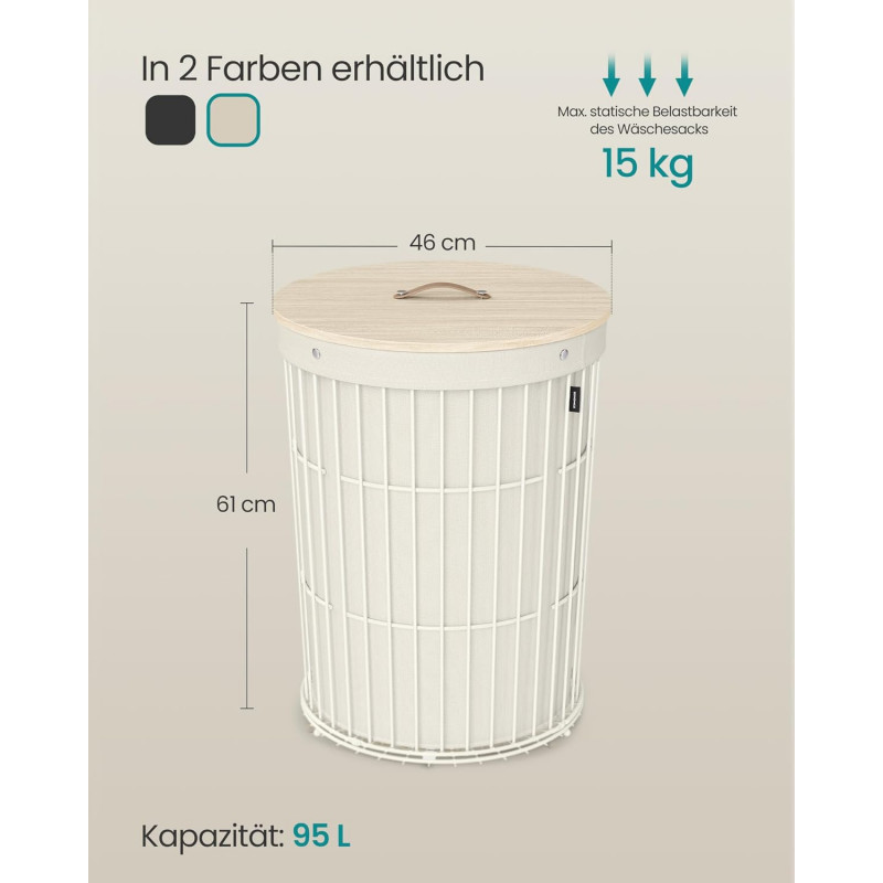 Rund skittentøyskurv 95 liter med lokk – kremhvit