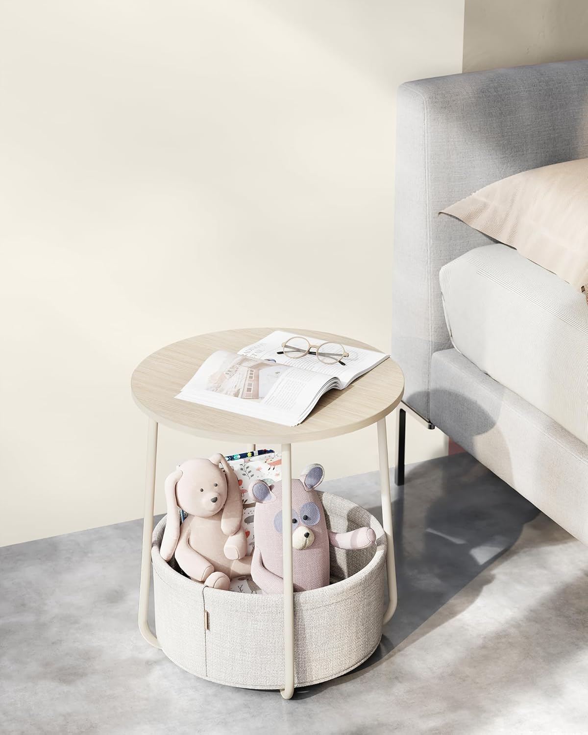 Rundt nattbord med stoffkurv – 50 cm, kremhvit