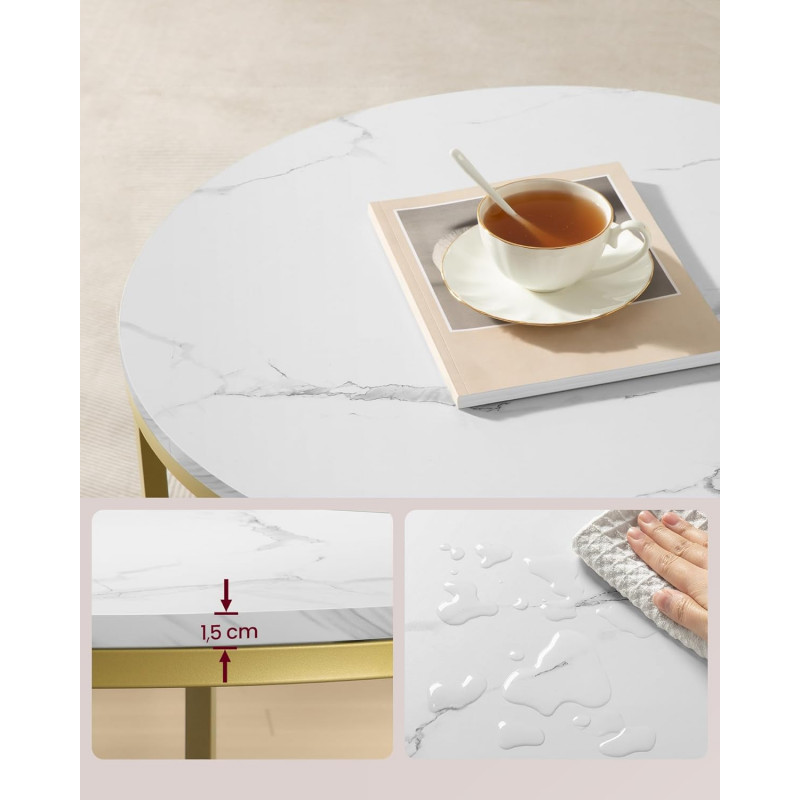 Rundt sofabord i gull med hvit marmorbordplate – 65 × 46 cm