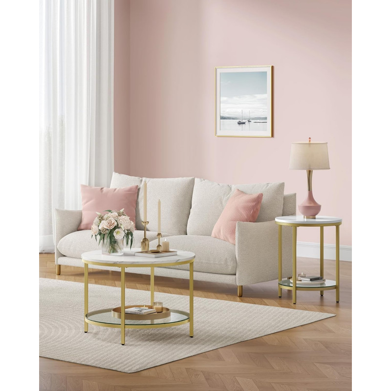 Rundt sofabord i gull med hvit marmorbordplate – 65 × 46 cm