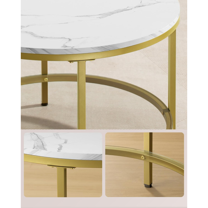 Rundt sofabord i gull med hvit marmorbordplate – 65 × 46 cm