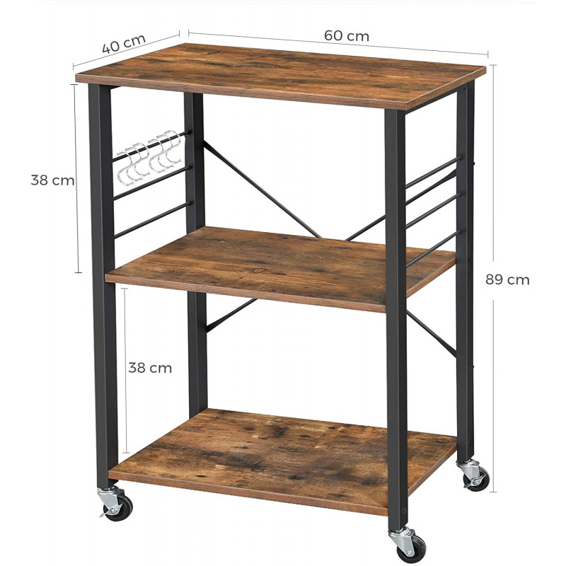 Serveringsvogn med 3 hyller – rullbar kjøkkenvogn 60 × 40 × 89 cm