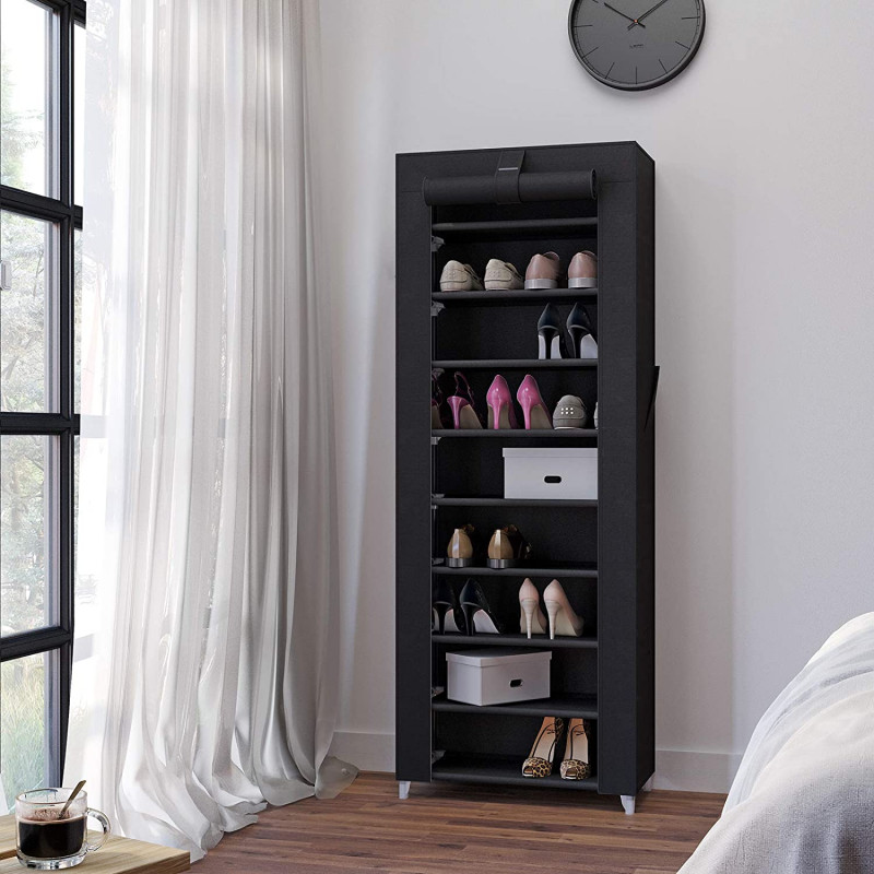 Skoforvaring i svart stoff med dør – 27 par, 160 cm høy