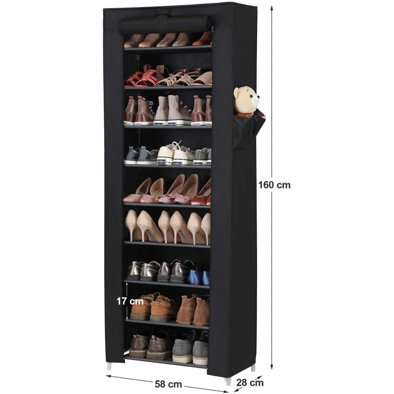 Skoforvaring i svart stoff med dør – 27 par, 160 cm høy