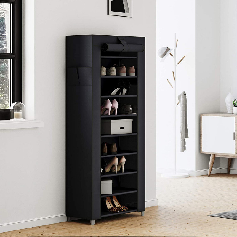Skoforvaring i svart stoff med dør – 27 par, 160 cm høy
