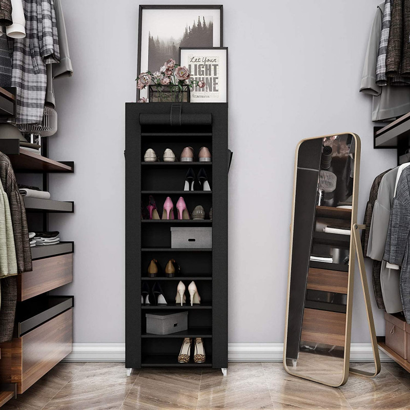 Skoforvaring i svart stoff med dør – 27 par, 160 cm høy