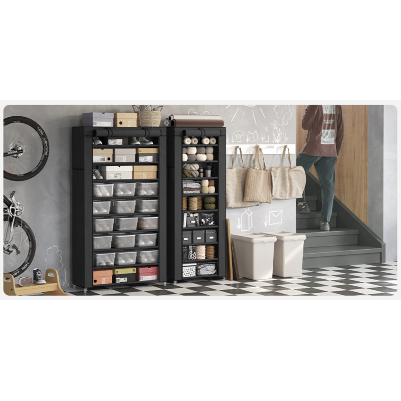 Skoforvaring i svart stoff med dør – 27 par, 160 cm høy