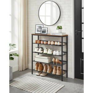Skostativ med 5 nivåer – industriell stil i vintage brun og svart (75 × 28 × 93 cm)