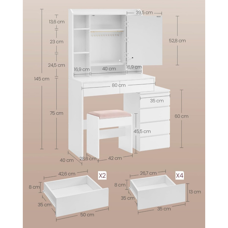 Sminkebord i skyhvit med LED-speildør og skjult kabelføring, inkludert krakk – 40 × 97,5 × 145 cm