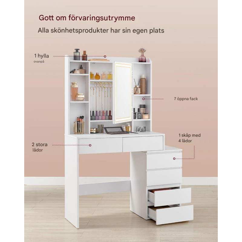 Sminkebord i skyhvit med LED-speildør og skjult kabelføring, inkludert krakk – 40 × 97,5 × 145 cm