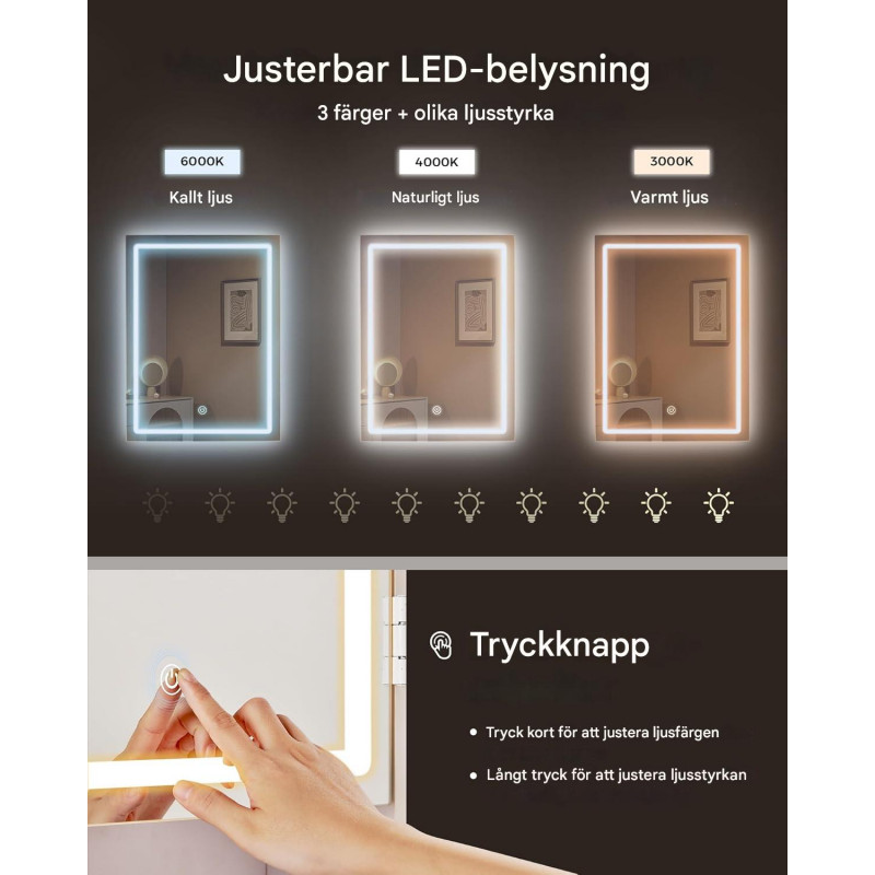 Sminkebord i skyhvit med LED-speildør og skjult kabelføring, inkludert krakk – 40 × 97,5 × 145 cm