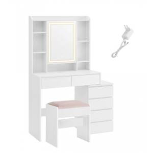 Sminkebord i skyhvit med LED-speildør og skjult kabelføring, inkludert krakk – 40 × 97,5 × 145 cm
