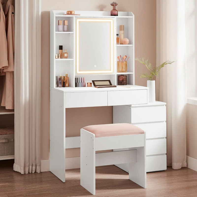 Sminkebord i skyhvit med LED-speildør og skjult kabelføring, inkludert krakk – 40 × 97,5 × 145 cm