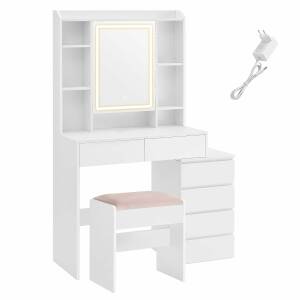 Sminkebord i skyhvit med LED-speildør og skjult kabelføring, inkludert krakk – 40 × 97,5 × 145 cm