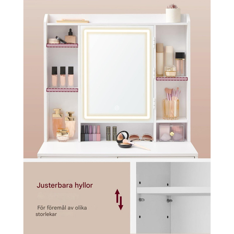 Sminkebord i skyhvit med LED-speildør og skjult kabelføring, inkludert krakk – 40 × 97,5 × 145 cm