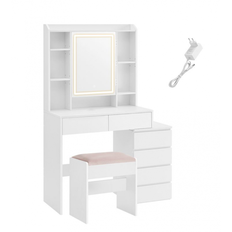 Sminkebord i skyhvit med LED-speildør og skjult kabelføring, inkludert krakk – 40 × 97,5 × 145 cm