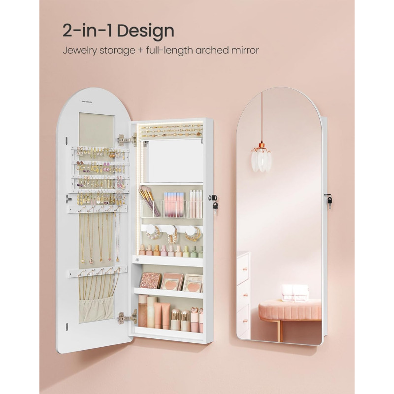 Smykkeskap med buet speil, LED-lys og oppbevaring for vegg eller dør – 108 cm