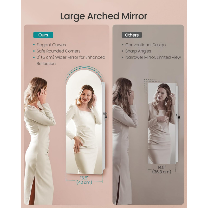 Smykkeskap med buet speil, LED-lys og oppbevaring for vegg eller dør – 108 cm