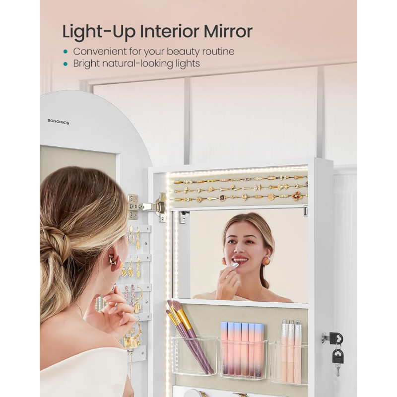 Smykkeskap med buet speil, LED-lys og oppbevaring for vegg eller dør – 108 cm