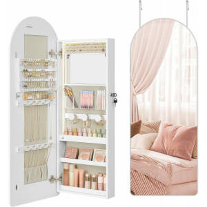 Smykkeskap med buet speil, LED-lys og oppbevaring for vegg eller dør – 108 cm