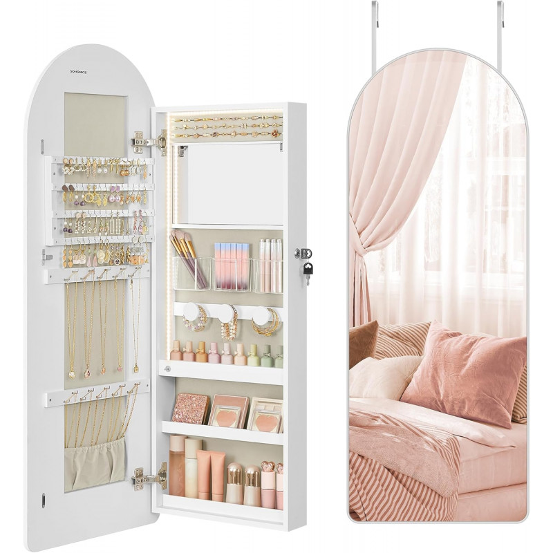 Smykkeskap med buet speil, LED-lys og oppbevaring for vegg eller dør – 108 cm