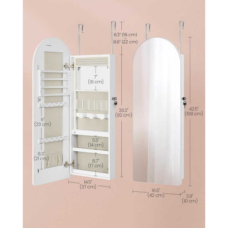 Smykkeskap med buet speil, LED-lys og oppbevaring for vegg eller dør – 108 cm