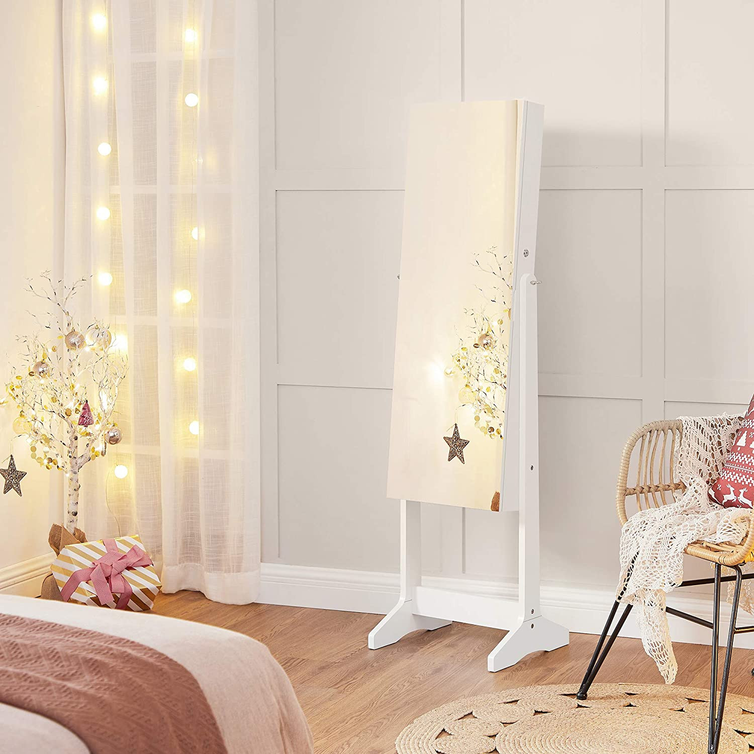 Smykkeskap med speil Hvit - låsbar oppbevaring til 108 smykker