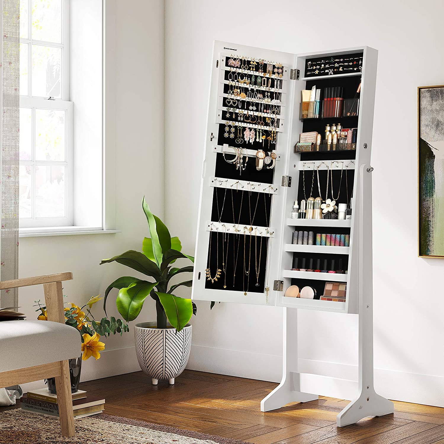 Smykkeskap med speil Hvit - låsbar oppbevaring til 108 smykker
