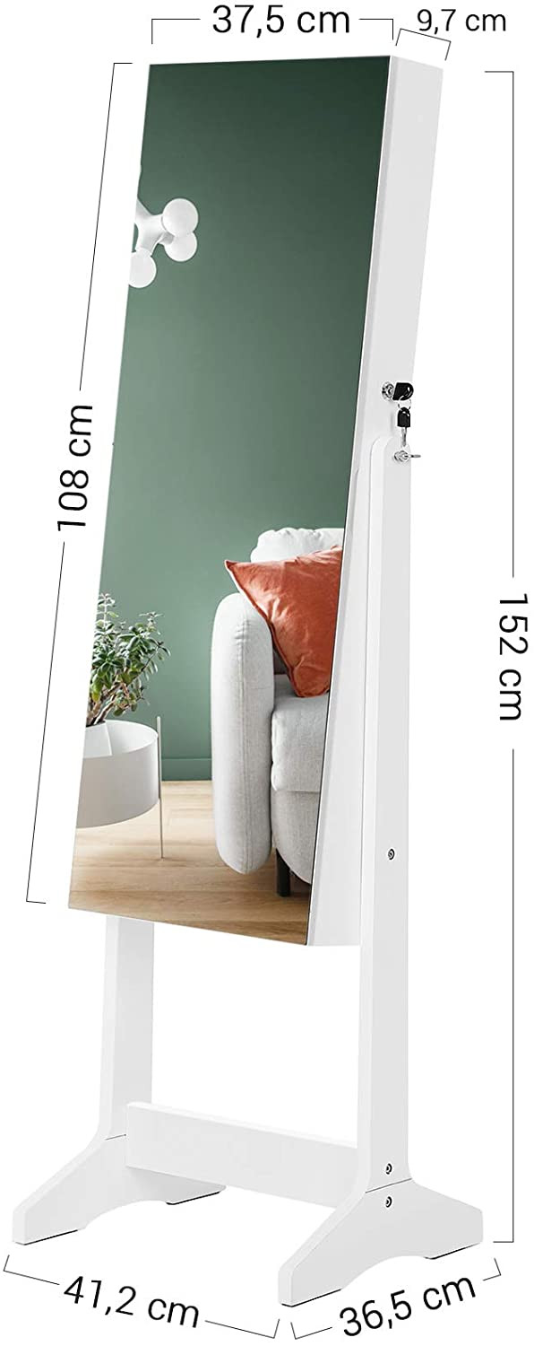 Smykkeskap med speil Hvit - låsbar oppbevaring til 108 smykker