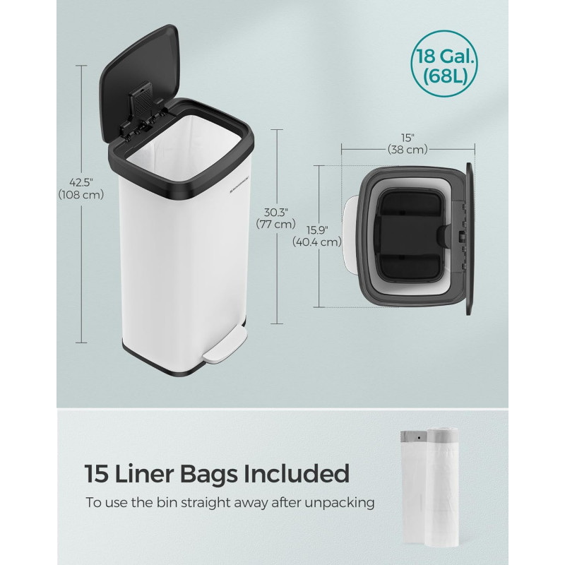Søppelbøtte 68 liter med pedal – rustfritt stål, hvit