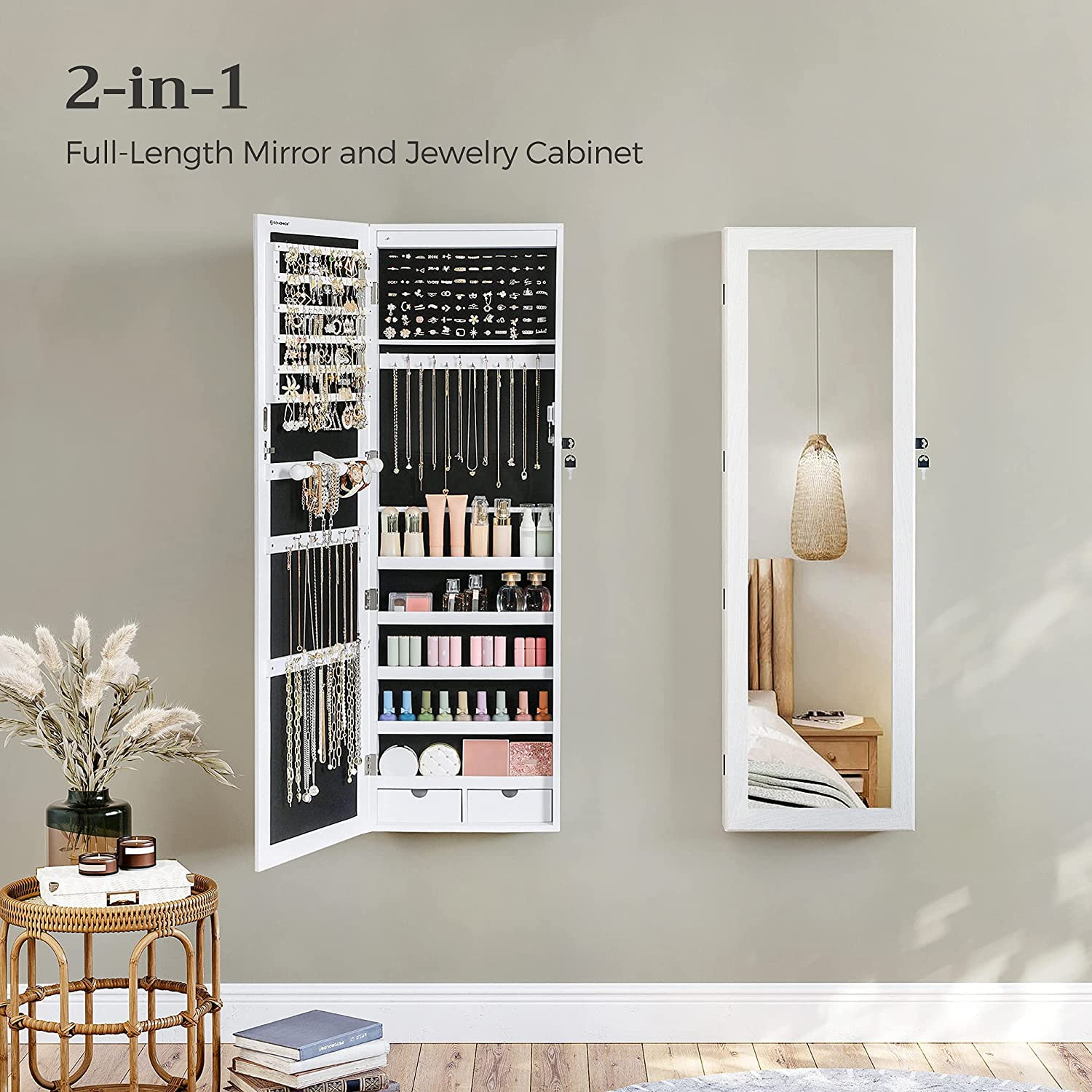 Speil med oppbevaringsskap for smykker / sminke 120 x 37 x 10 cm – Hvit