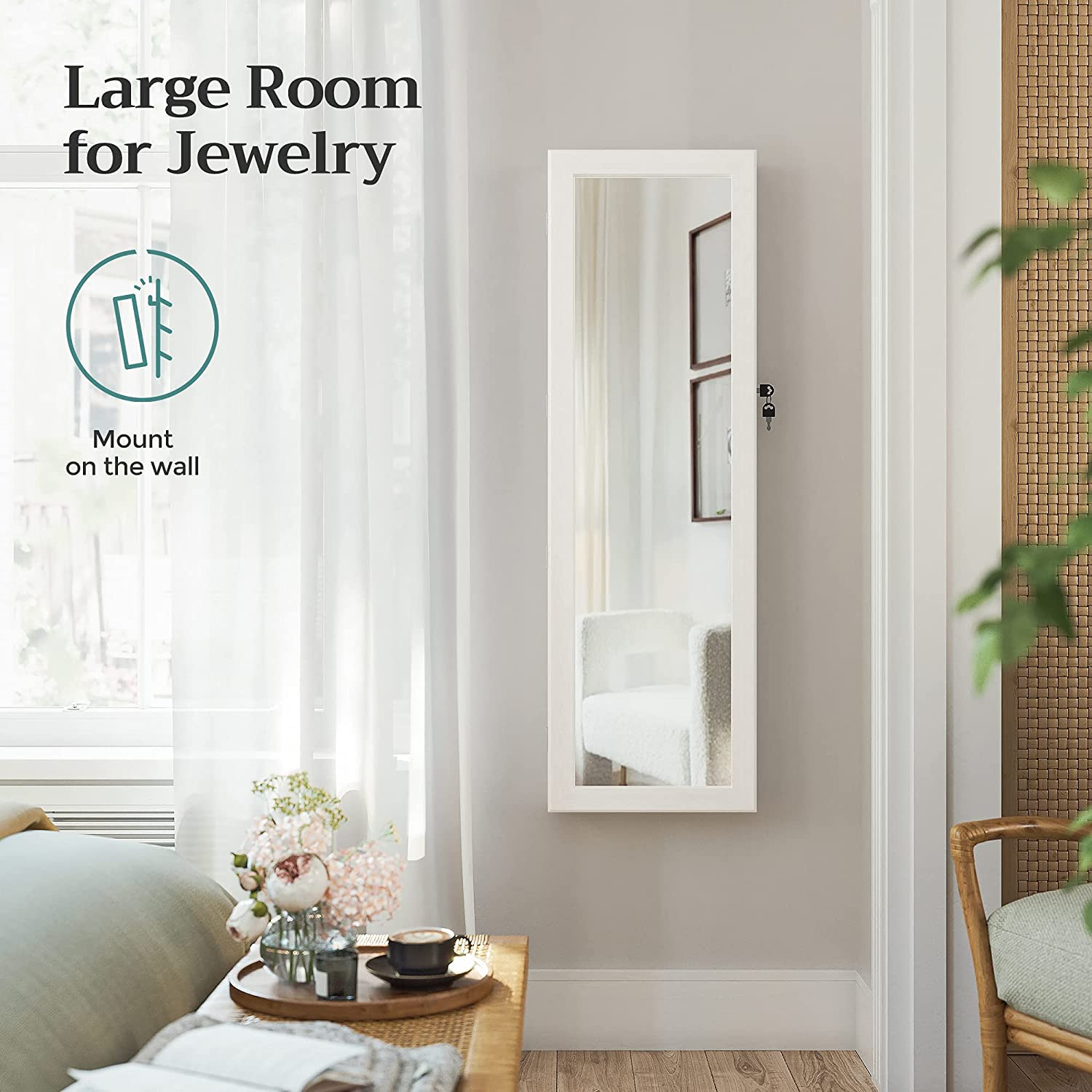 Speil med oppbevaringsskap for smykker / sminke 120 x 37 x 10 cm – Hvit