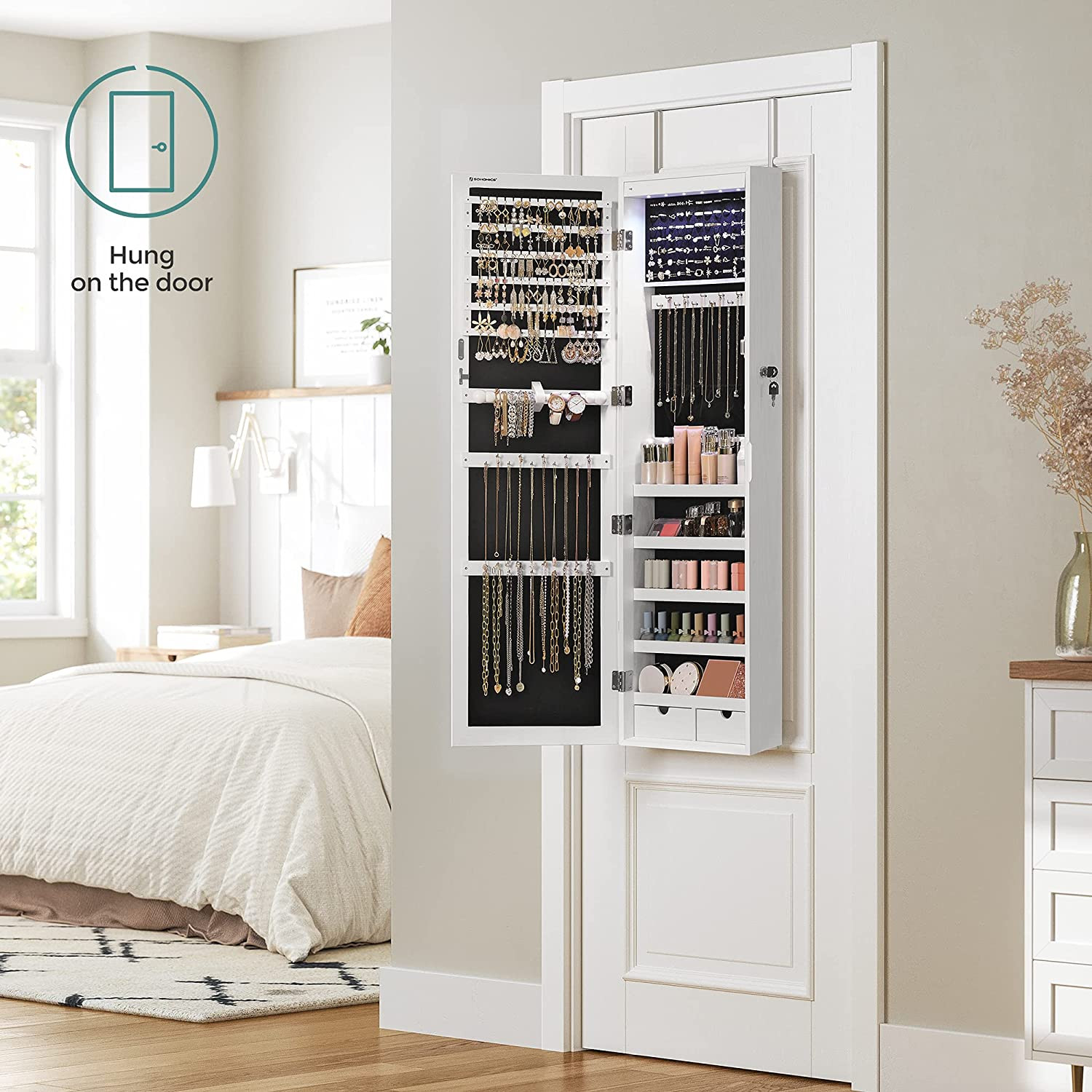 Speil med oppbevaringsskap for smykker / sminke 120 x 37 x 10 cm – Hvit