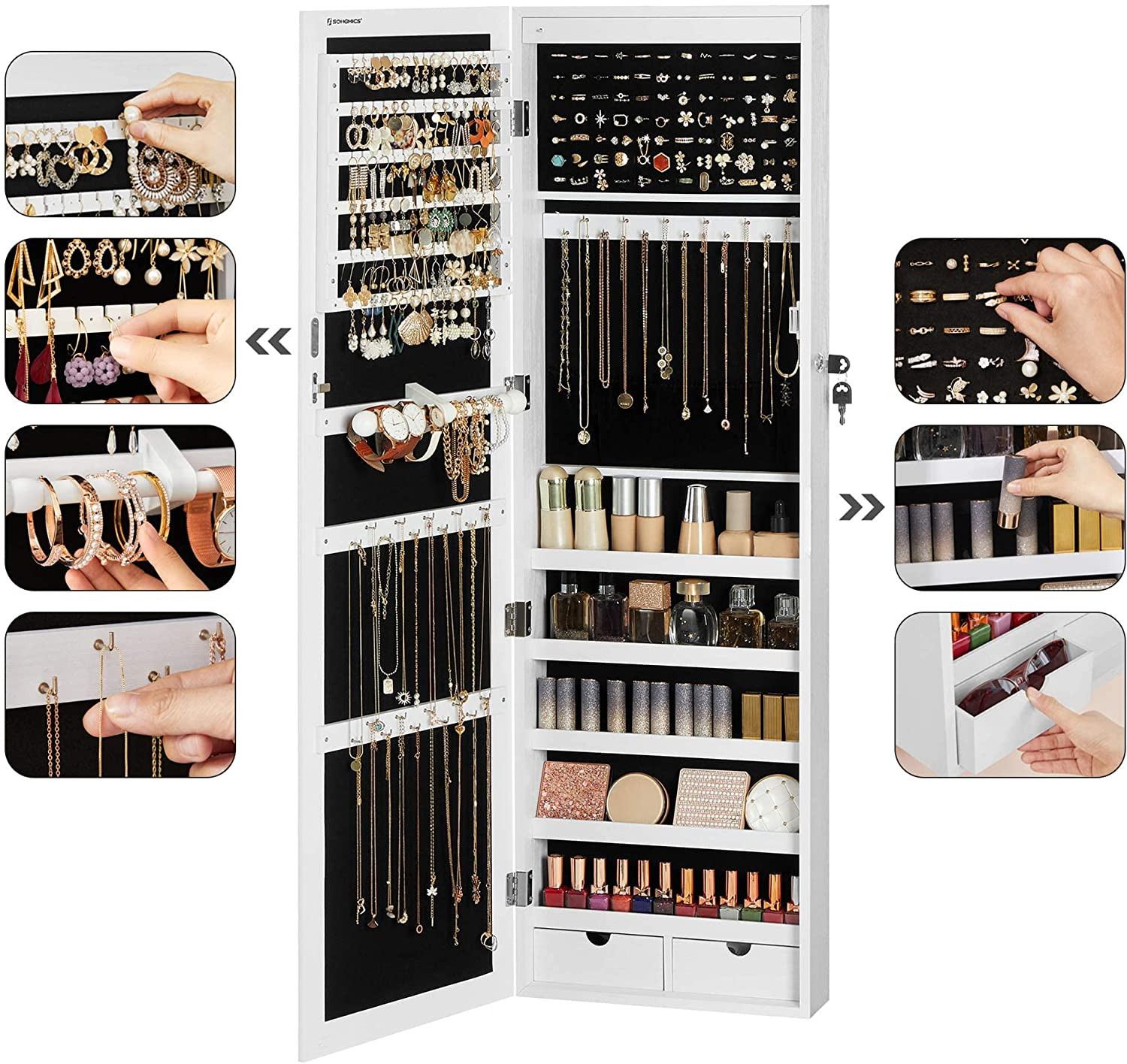 Speil med oppbevaringsskap for smykker / sminke 120 x 37 x 10 cm – Hvit