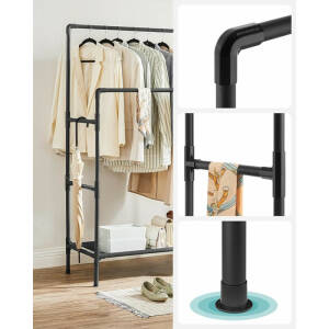 Svart klesstativ med hylleplan i metall