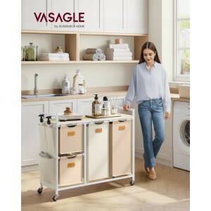 Tvättvagn med 4 korgar – rullbar tvättsortering 150 L, krämvit