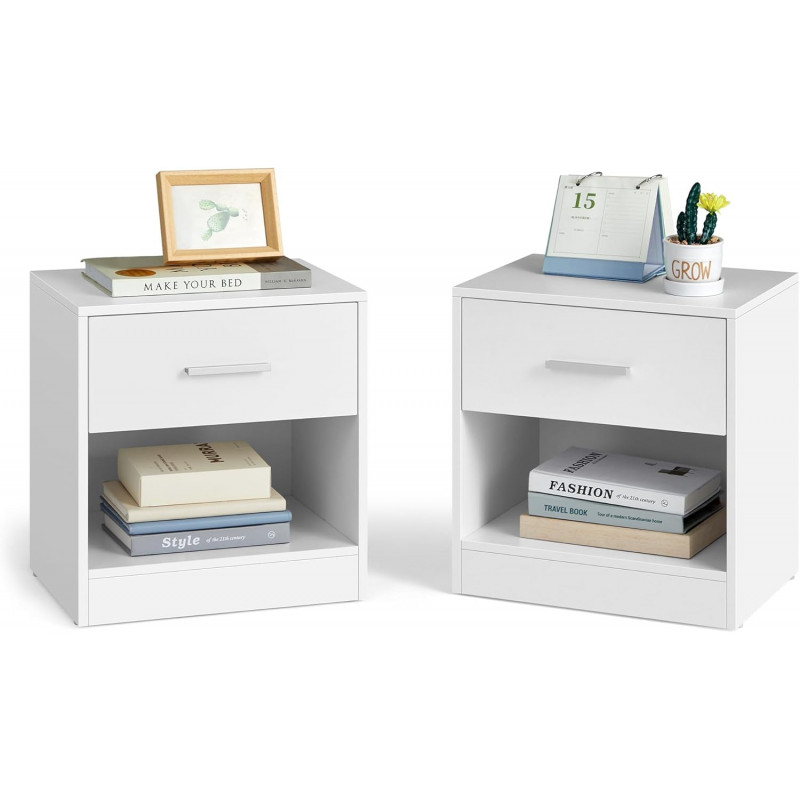 Vite nattbord 2-pakning – sidebord med skuff og hylle, 28 x 39 x 41 cm