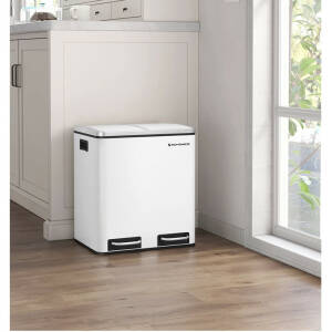 Avfallsbøtte for kildesortering med pedal 2 × 15 liter – rustfritt stål i hvit