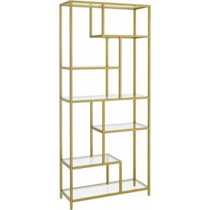 Bokhylle i gull med glass og nivåinndelte hyller – 80 × 30 × 180 cm