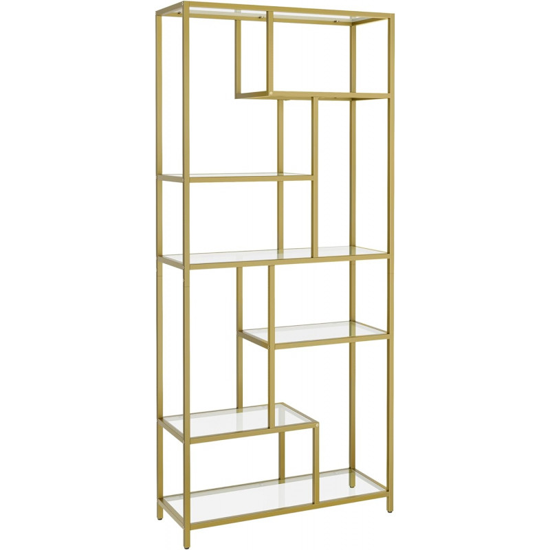 Bokhylle i gull med glass og nivåinndelte hyller – 80 × 30 × 180 cm